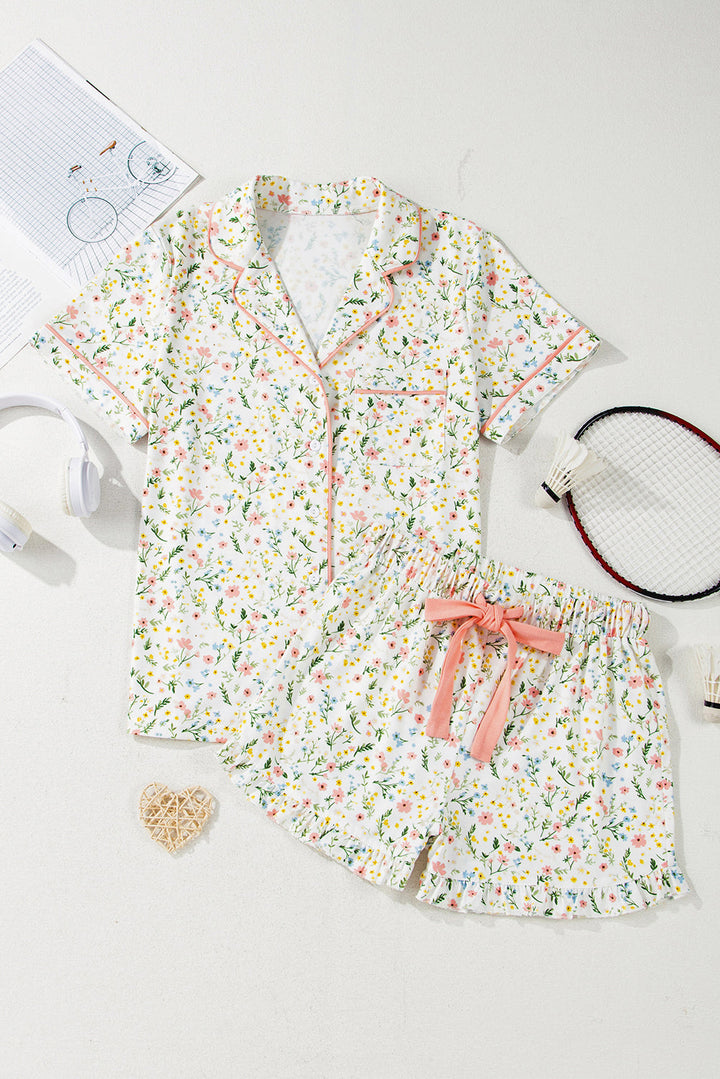 floral print contrast pipping short pajamas set 1