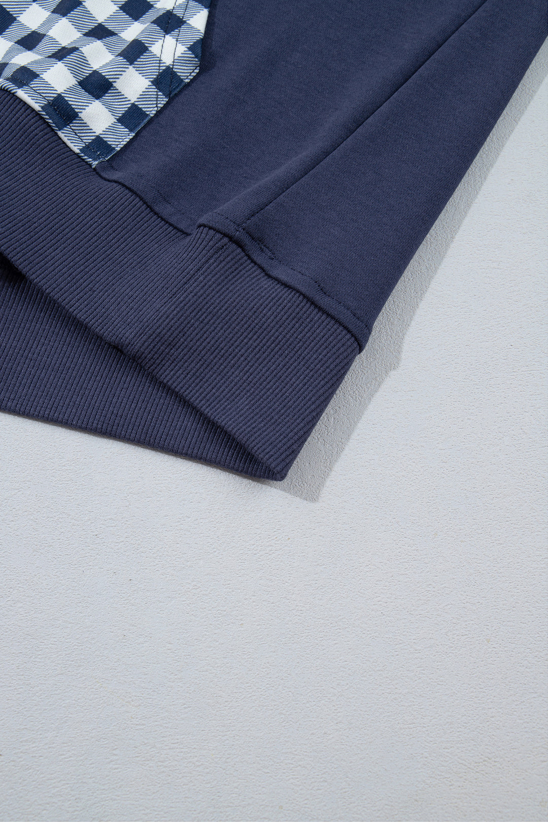 Navy Blue Patchwork Plaid Pocket Quarter Zip Sweatshirt