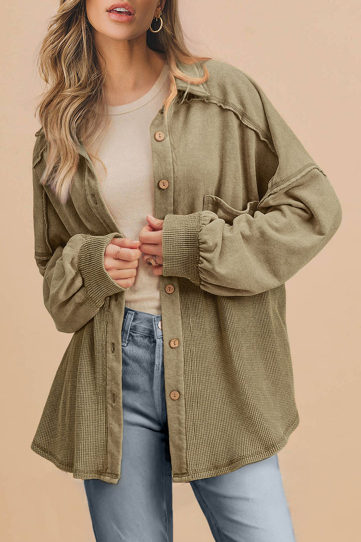 Moss Green Waffle Knit Buttoned Oversized Shacket