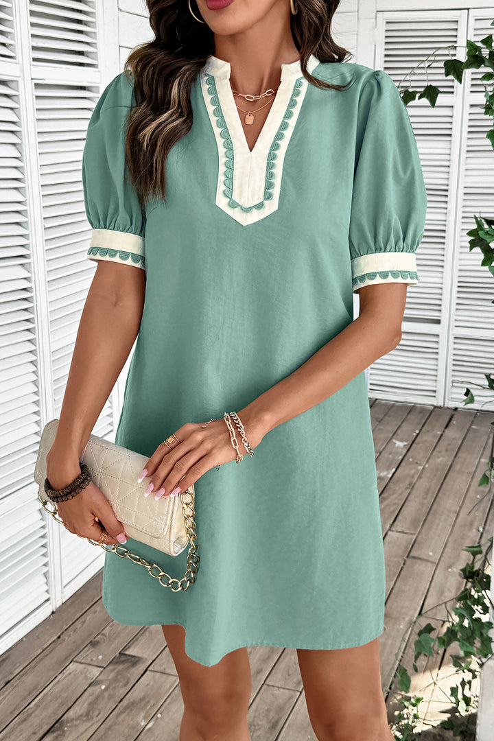 Canton Scallop Color Block Trim Puff Sleeve Mini Dress