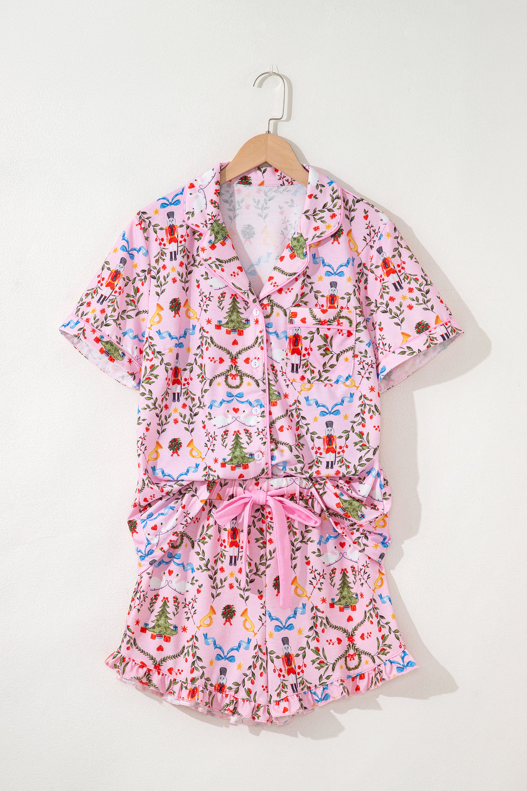 Pink Nutcracker Doll Christmas Print Ribbon Tie Waist Short 2pcs Pajama Set