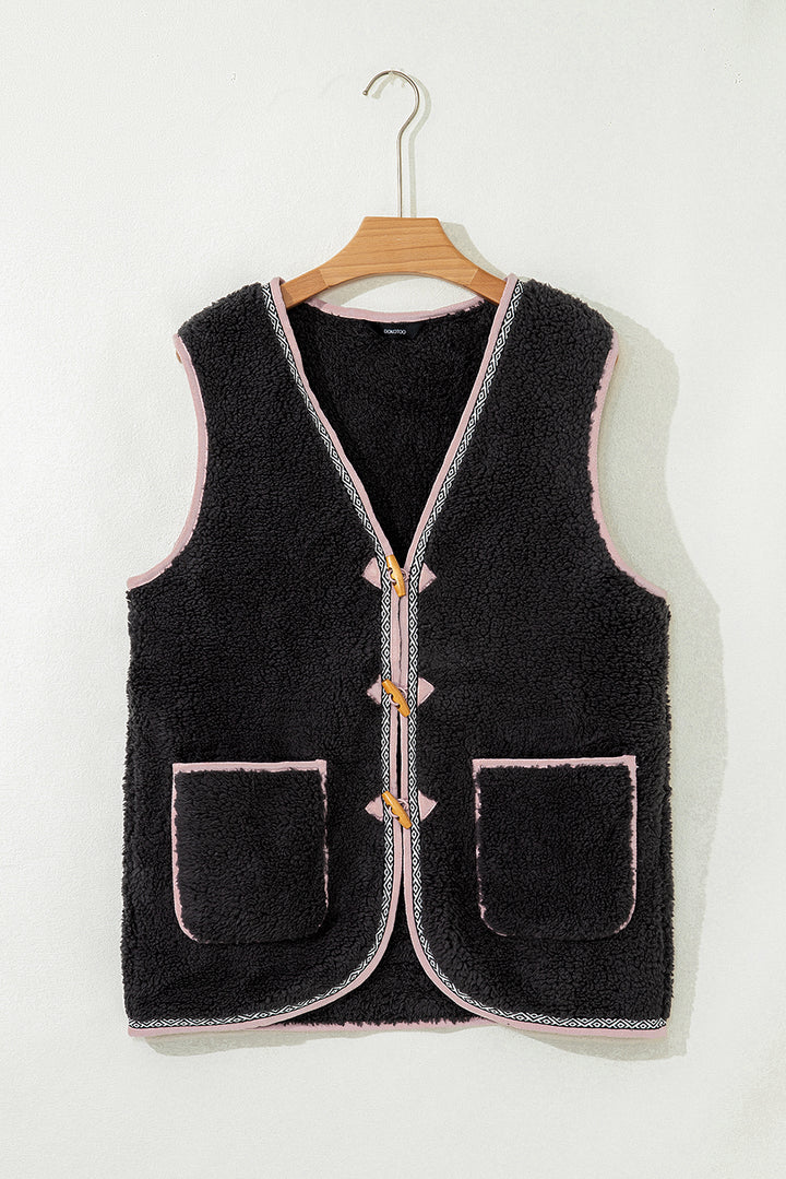 Dark Grey Sherpa Contrast Trim Patch Pocket Cartridge Toggle Button Vest