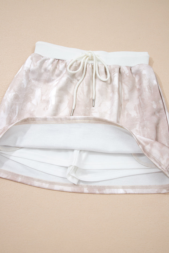White Abstract Woodland Print Balloon Sleeve Pullover Mini Skort Set