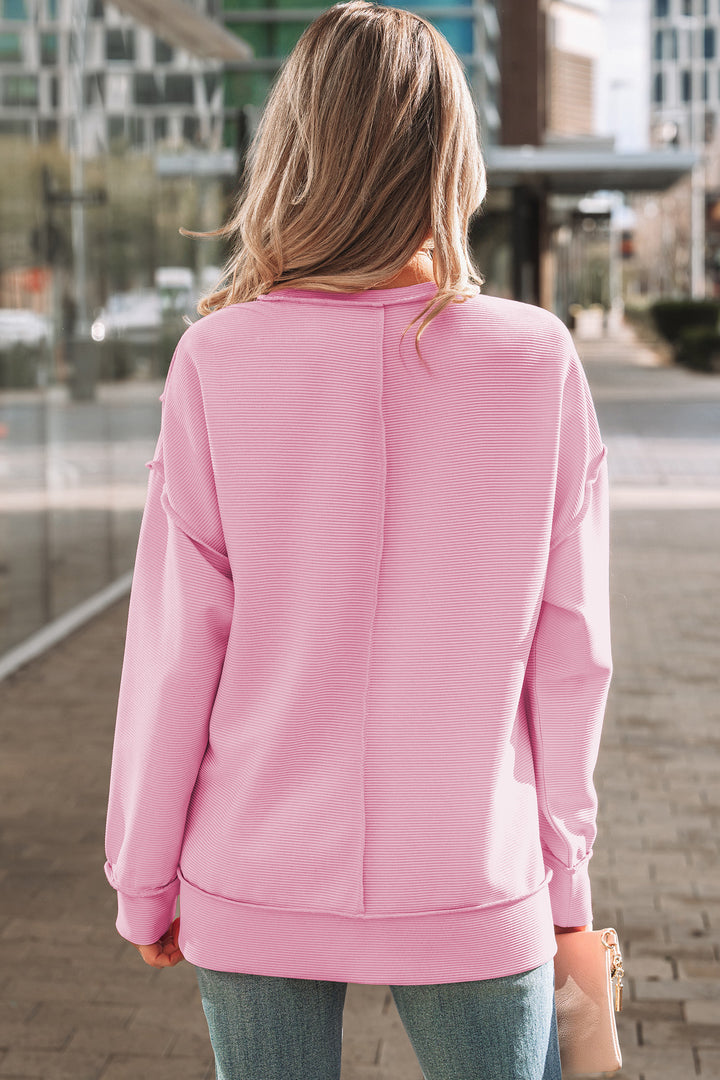 Horizontal Ribbed Exposed Seam Detail Drop Shoulder Baggy Pullover