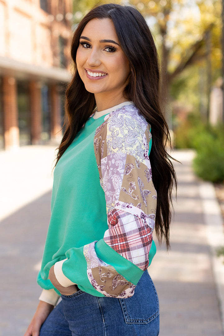 Plaid Vintage Paisley Patchwork Long Sleeve Raglan Top