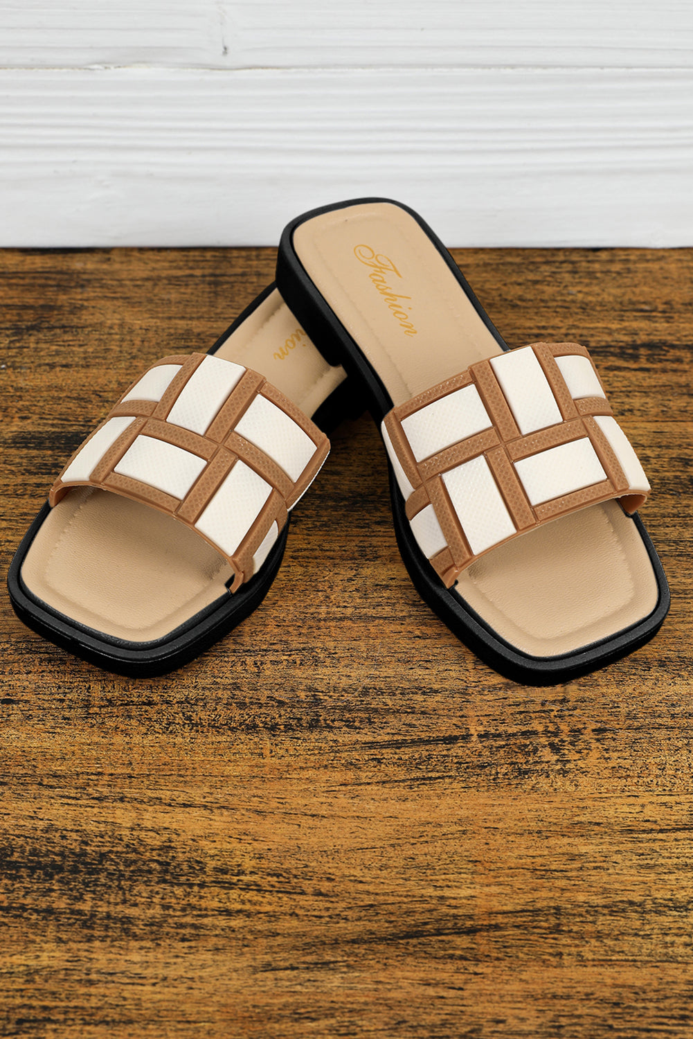 Two Tone Contrast PU Leather Square Toe Slippers
