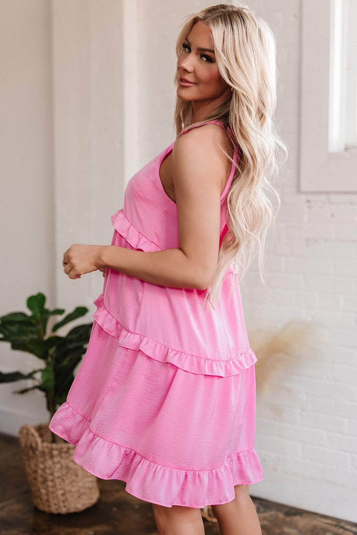 Smocked Neck Knot Back Frilly Tiered Sleeveless Mini Dress