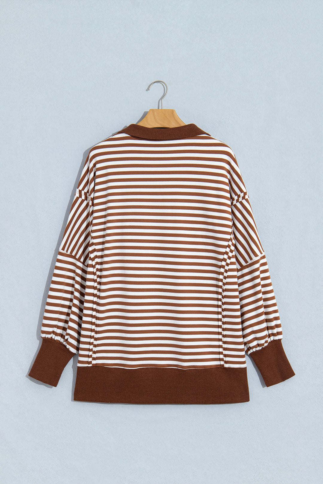 Brown Stripe Color Block Trim Raw Seam Split Hem Loose Pullover Sweatshirt