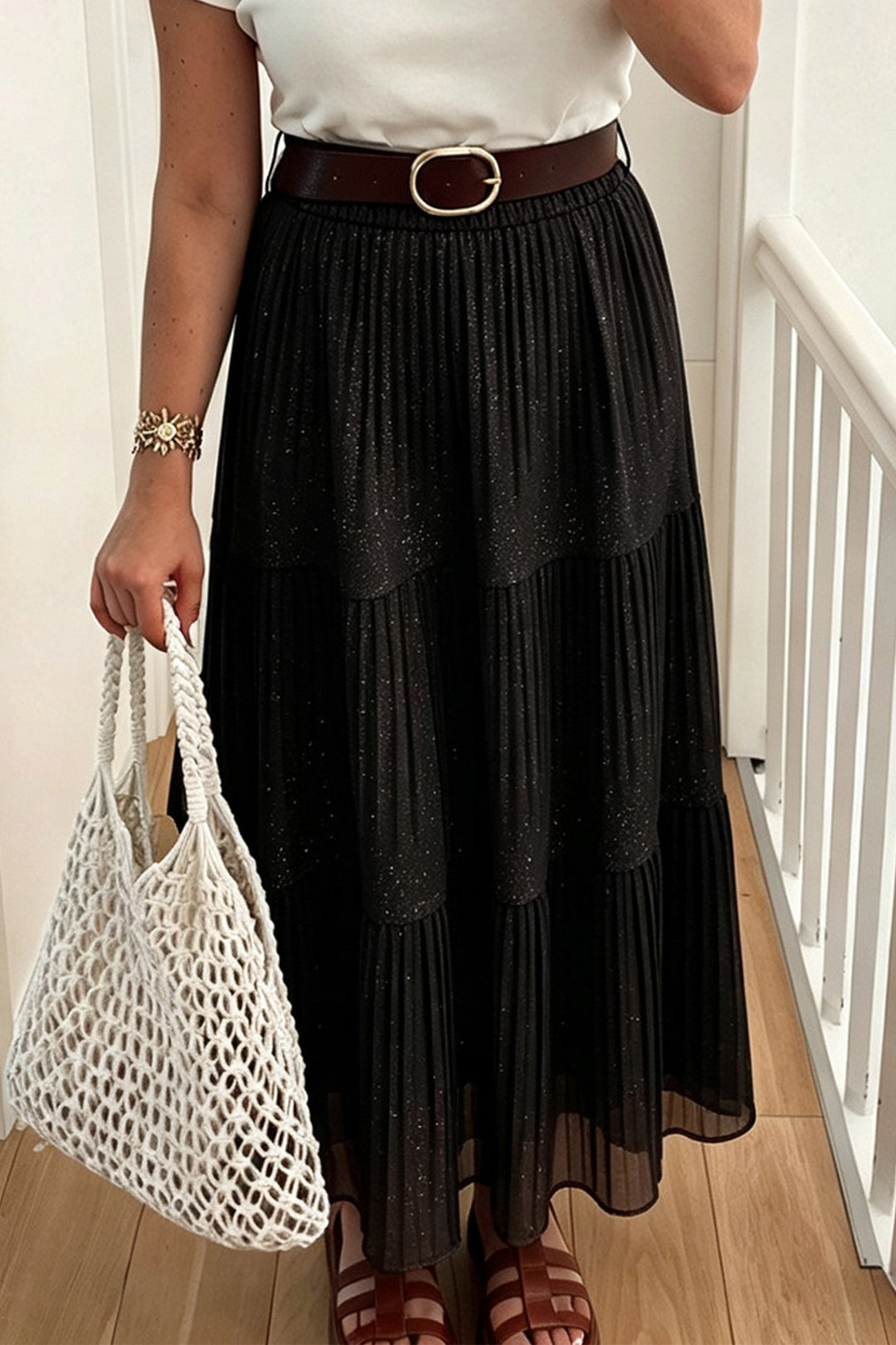 Black Solid Color Shimmer Detail Pleated Tiered Long Skirt