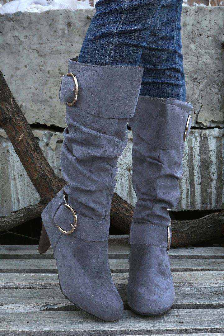 Dual Buckle Strap Side Zip Heeled Mid Calf Boots