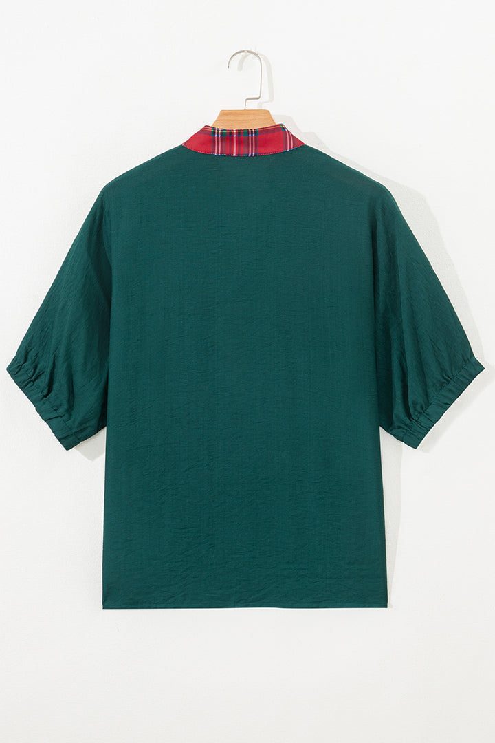 Contrast Plaid Patchwork V Neck Half Sleeve Blouse