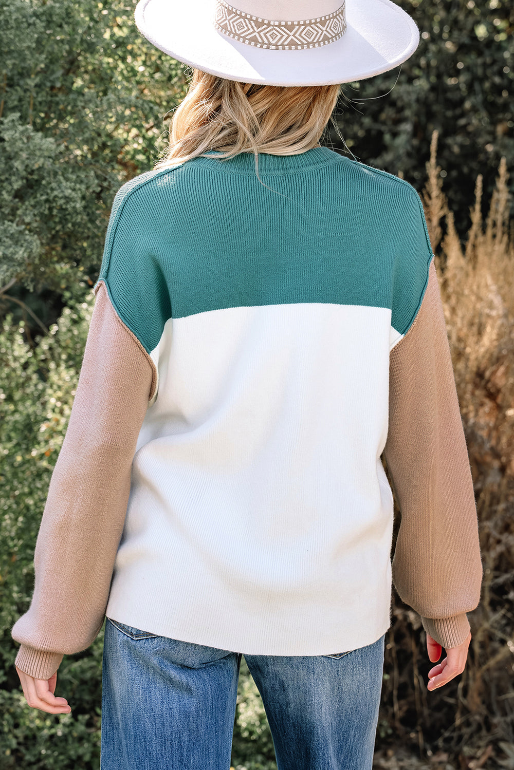 Color Block Plain Ribbed Knit Baggy Sweater