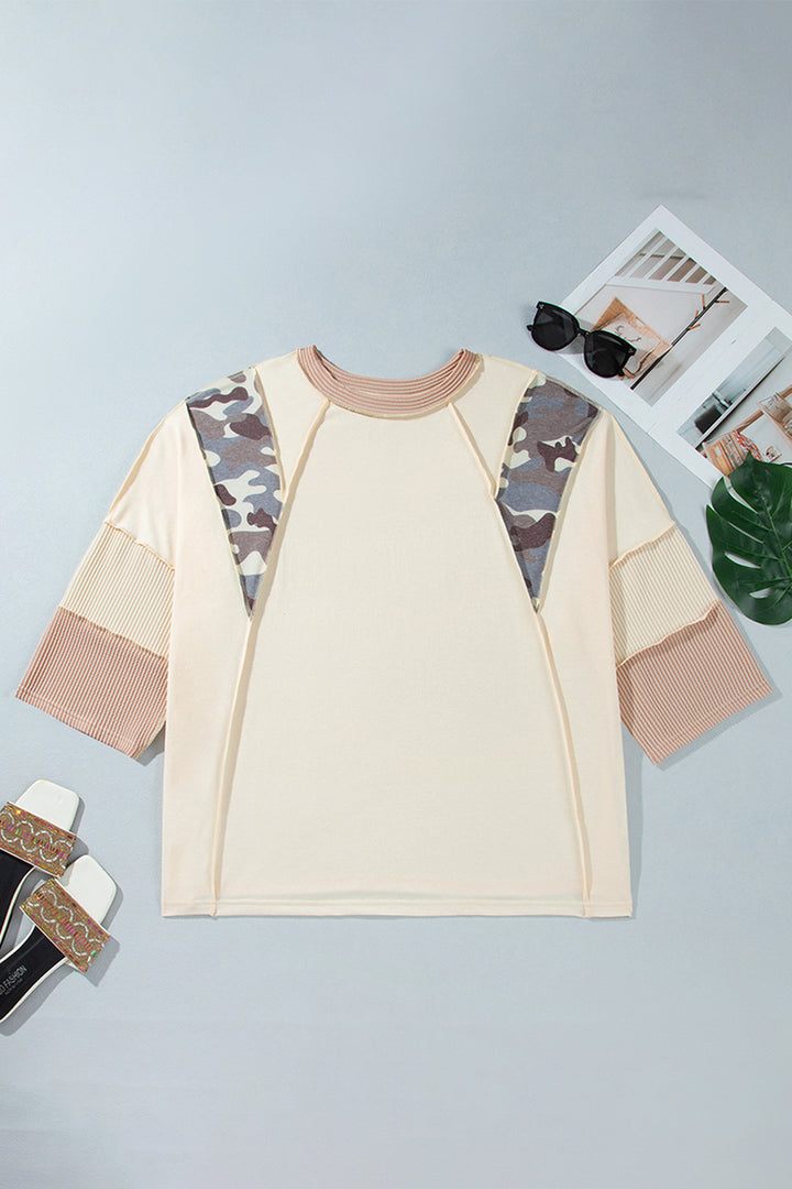 Apricot Camouflage Round Neck Loose Fit Plus Size Blouse