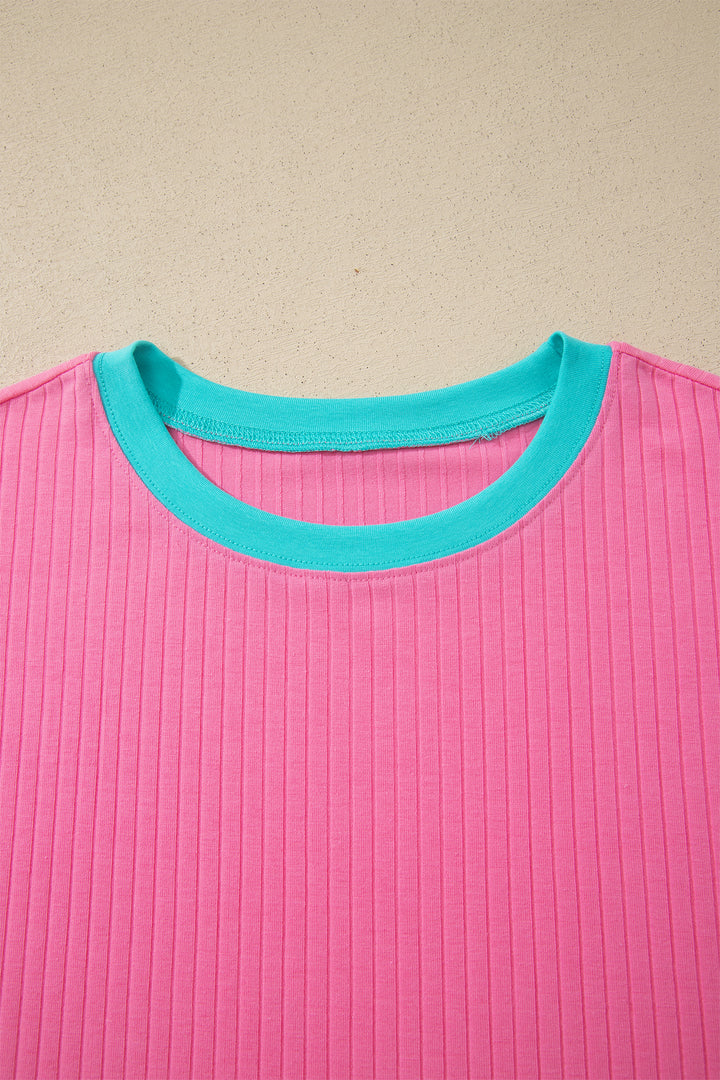 Sachet Pink Soft Ribbed Color Block Trim Casual Short Set