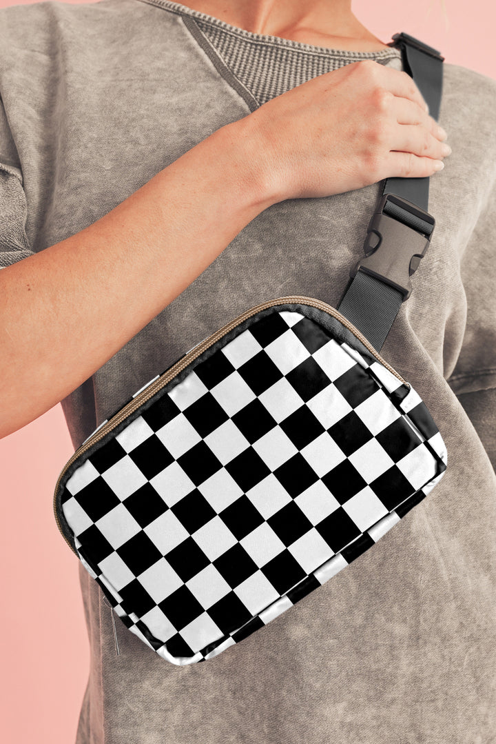 Checkered Print Buckle Wide Belt Crossbody Bag