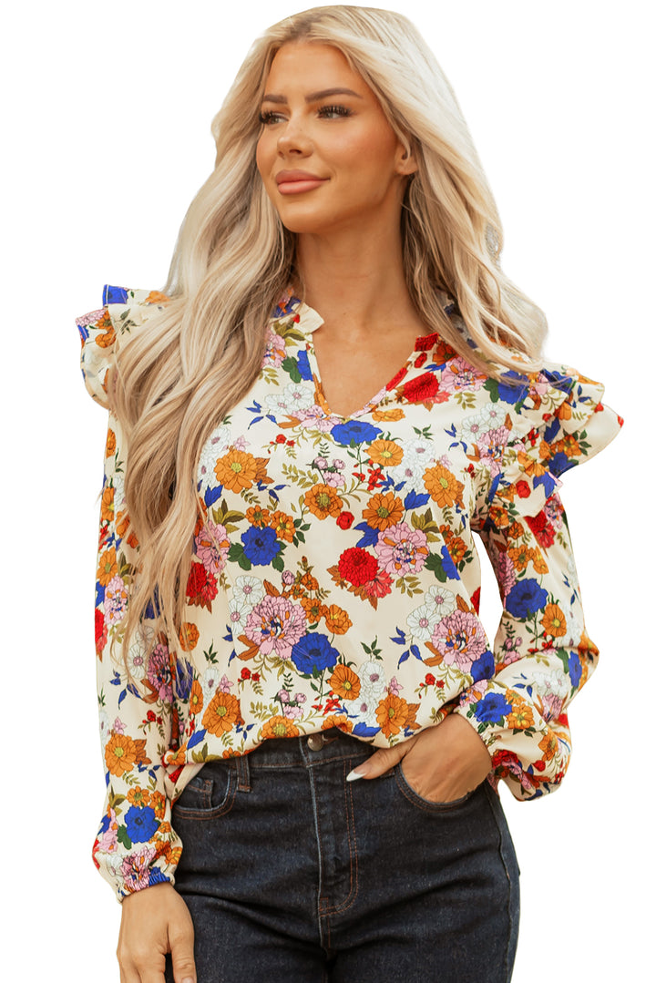 Ruffled Shoulder Long Sleeve Floral Blouse