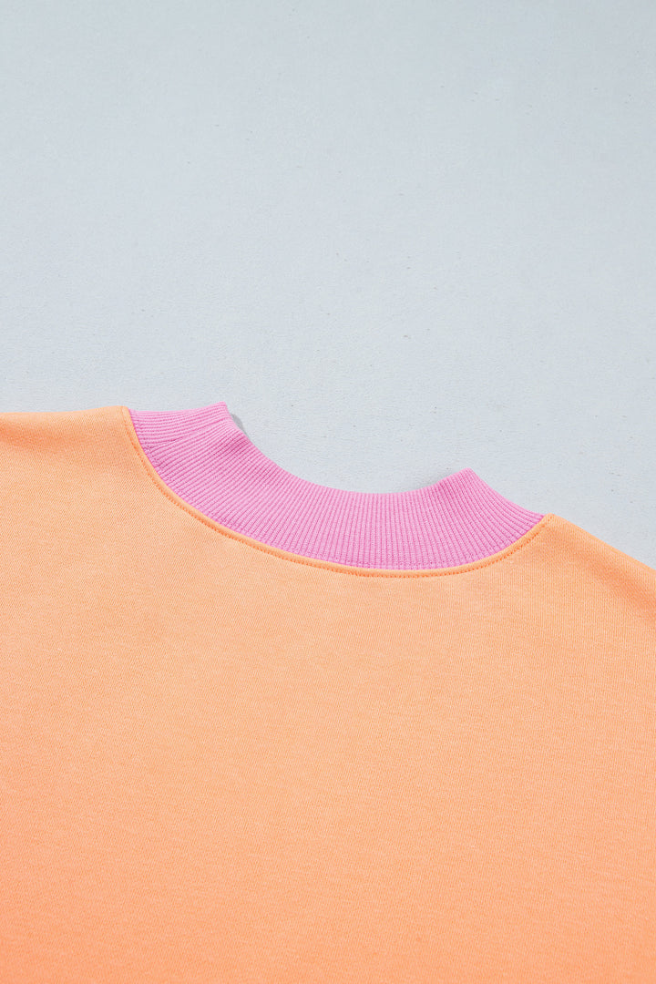 Grapefruit Orange Colorblock Trim Crewneck Long Sleeve Pullover Sweatshirt