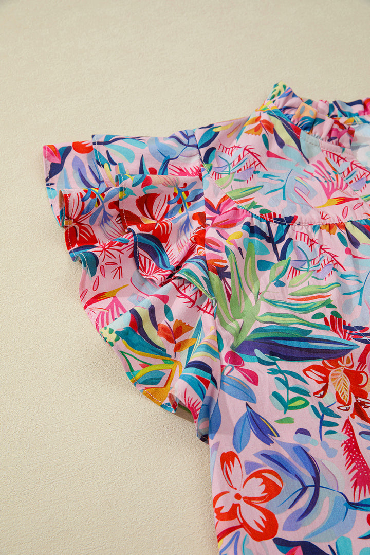 Tropical Floral Print Frilly Notched Neck Ruffled Short Sleeve Blouse