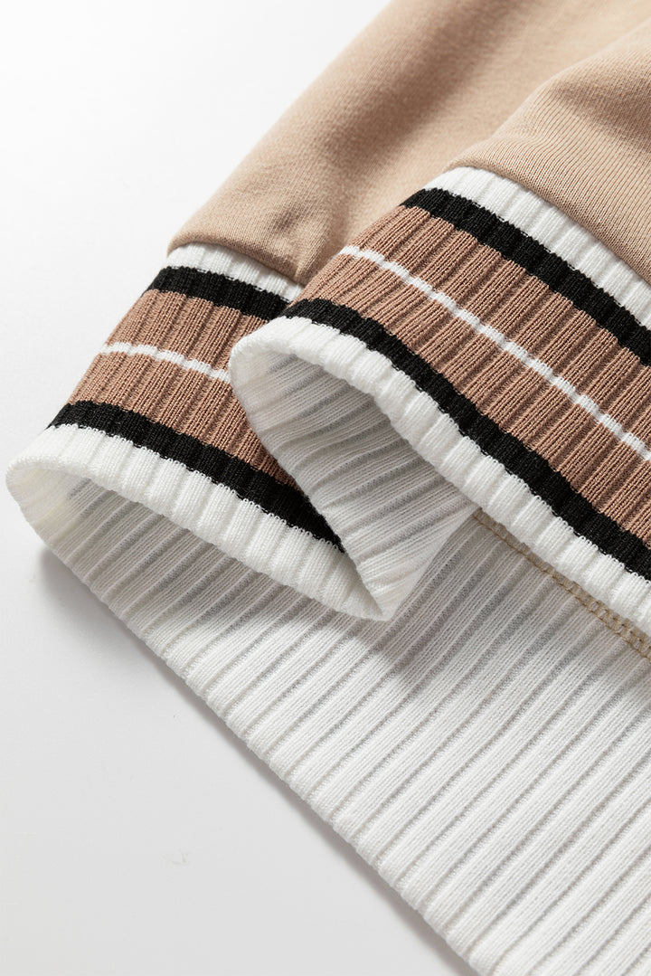 Parchment Varsity Contrast Striped Trim V Neck Sweatshirt