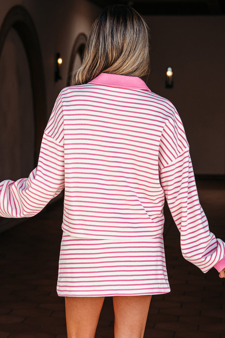 Pink Stripe Collared Pullover and Skort 2pcs Outfit