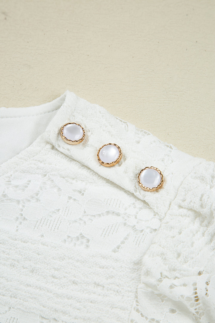 Chic White Lace Crochet Round Neck Puff Sleeve Shift Mini Dress