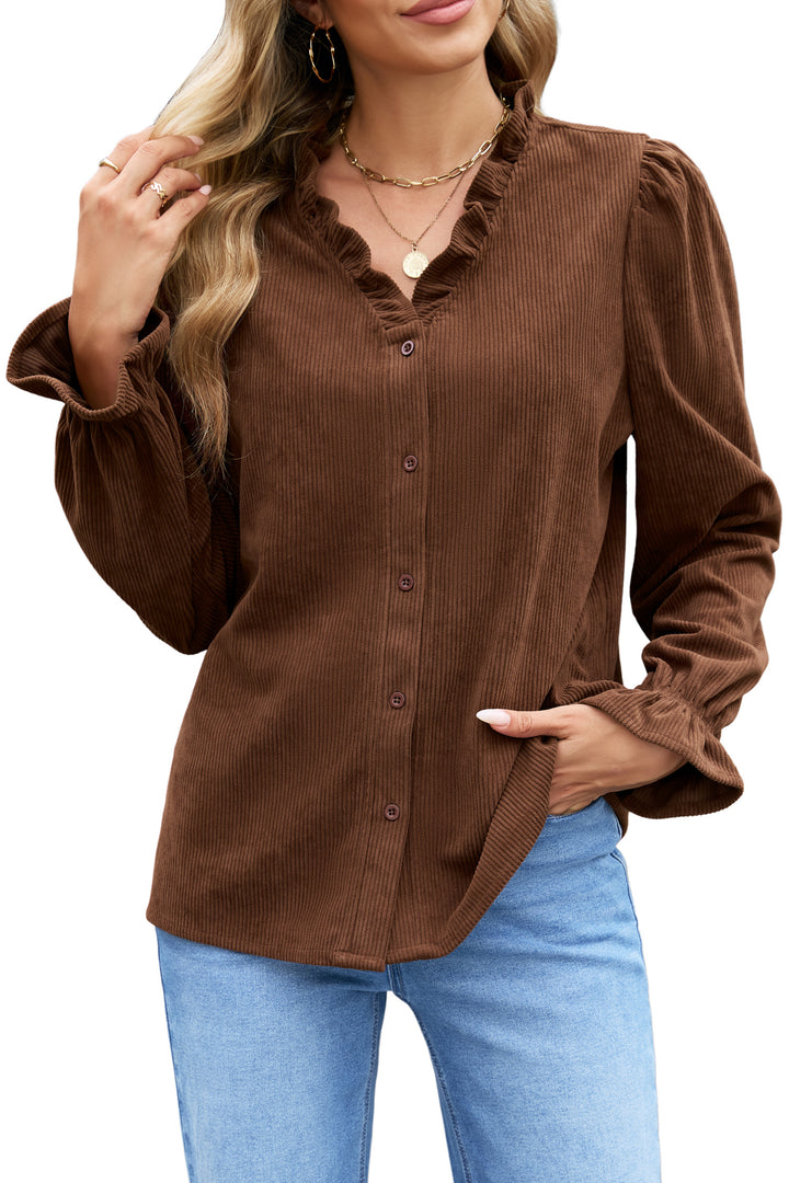 Coffee Solid Color Long Sleeve Button Corduroy Shakcet
