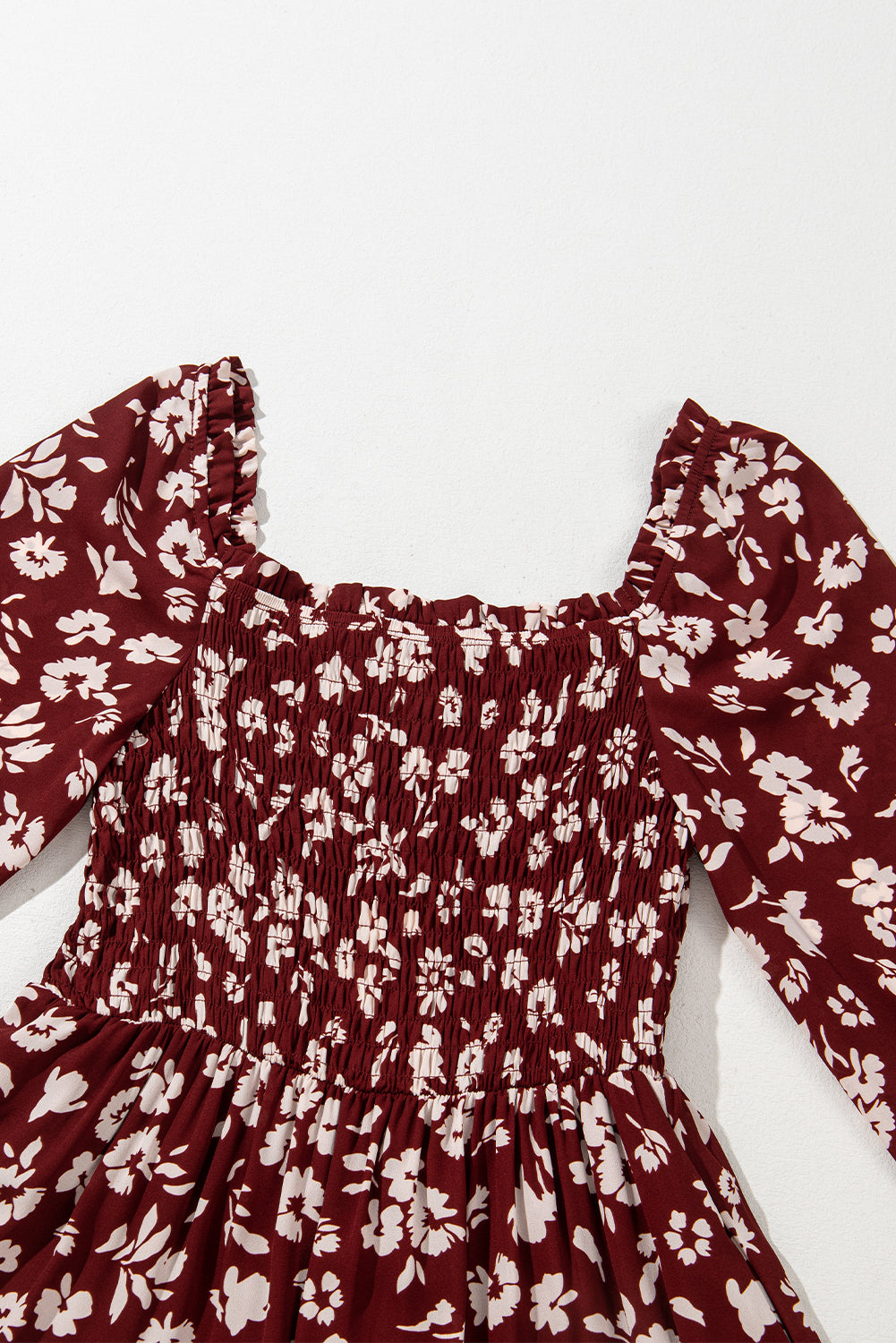 Red Floral Print Long Sleeve Square Neck Smocked Maxi Dress