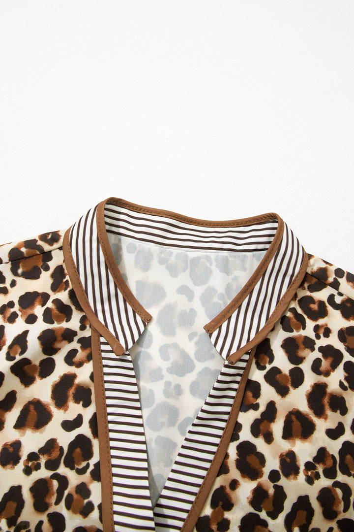 Leopard Print Striped Patchwork 3/4 Sleeve Loose Mini Dress