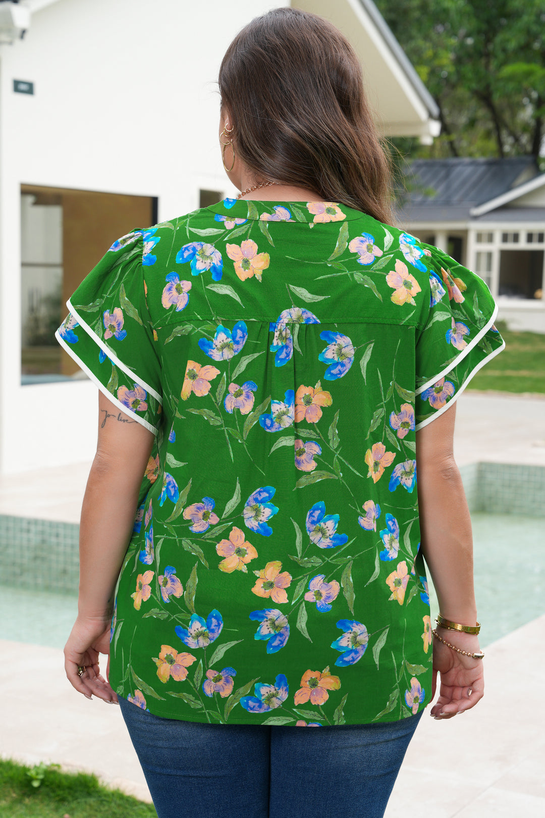 Green Plus Size Ruffled Short Sleeve Cotton Floral Top