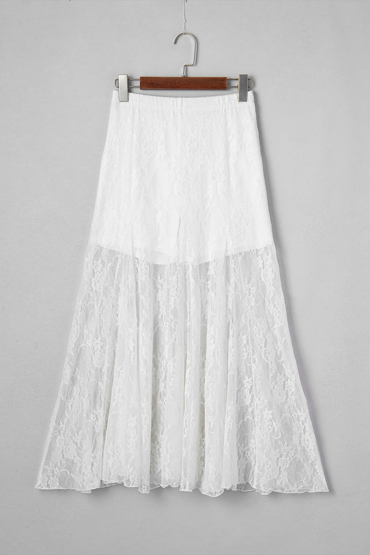 Chic White Sheer Floral Lace Flowy Maxi Skirt