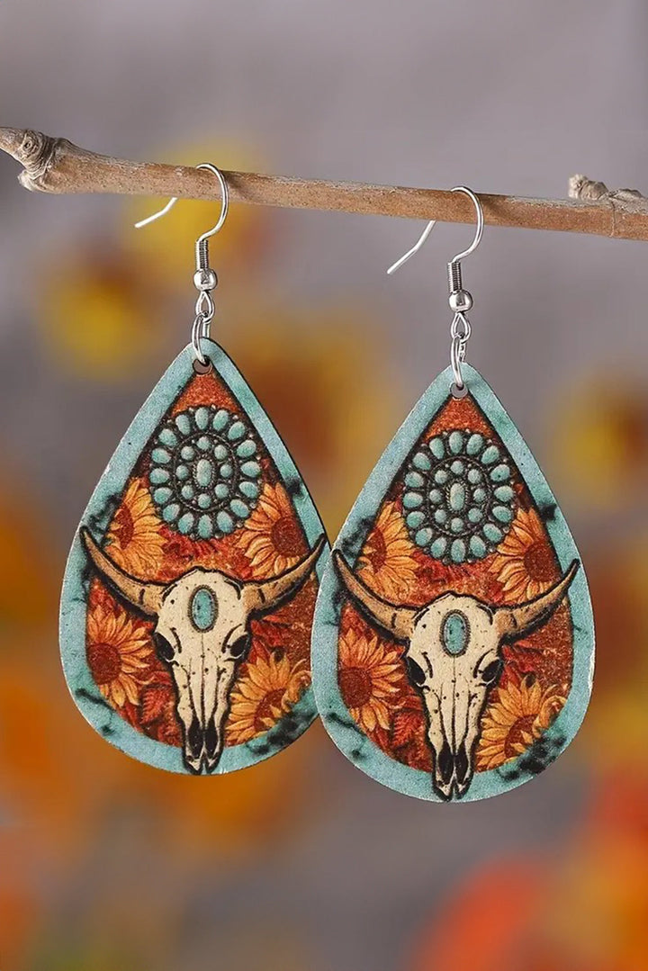 Boucles d'oreilles pendantes en bois à imprimé tête de bœuf Western