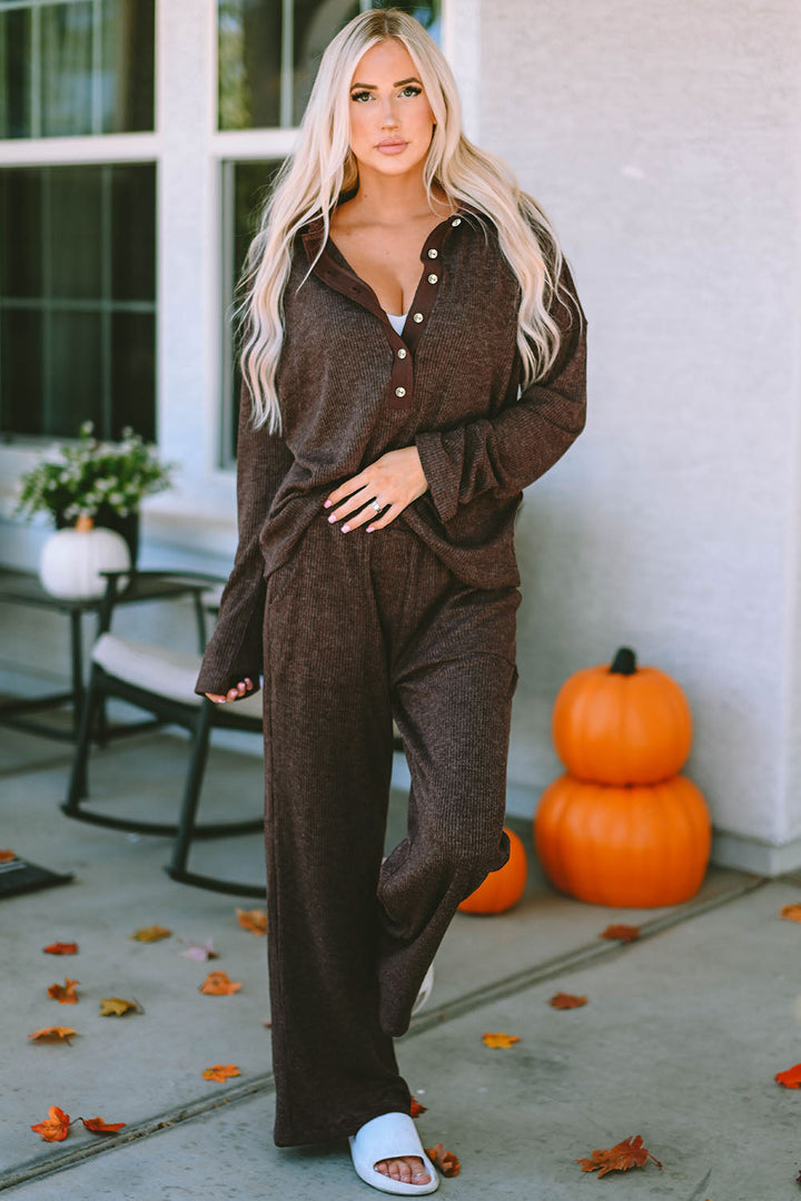 ribbed knit collared henley top and pants lounge outfit
