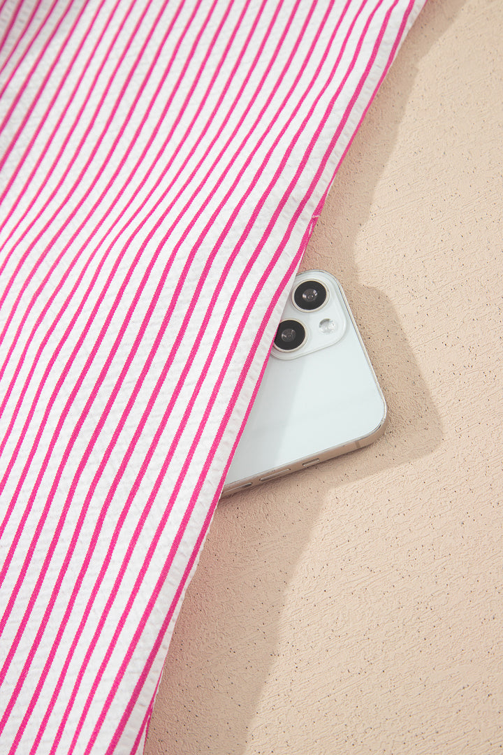 Red Stripe Frilled Detail Half Buttons Short Sleeve Long Dress