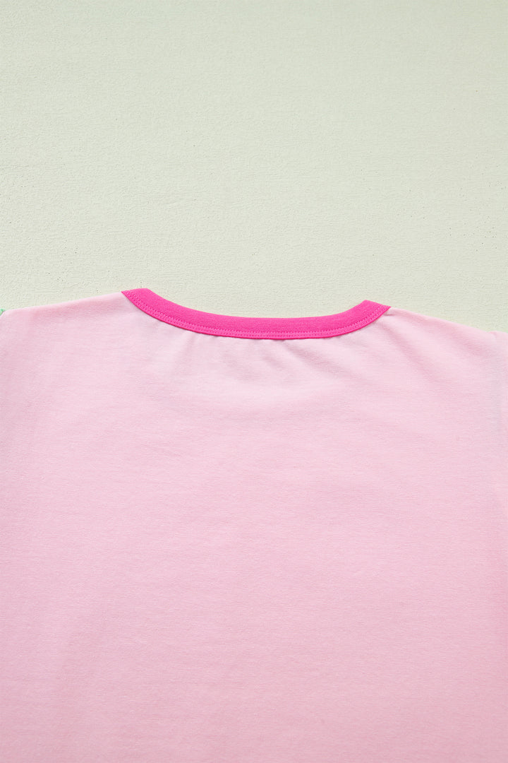 Pink Colorblock Flutter Sleeve Round Neck T Shirt