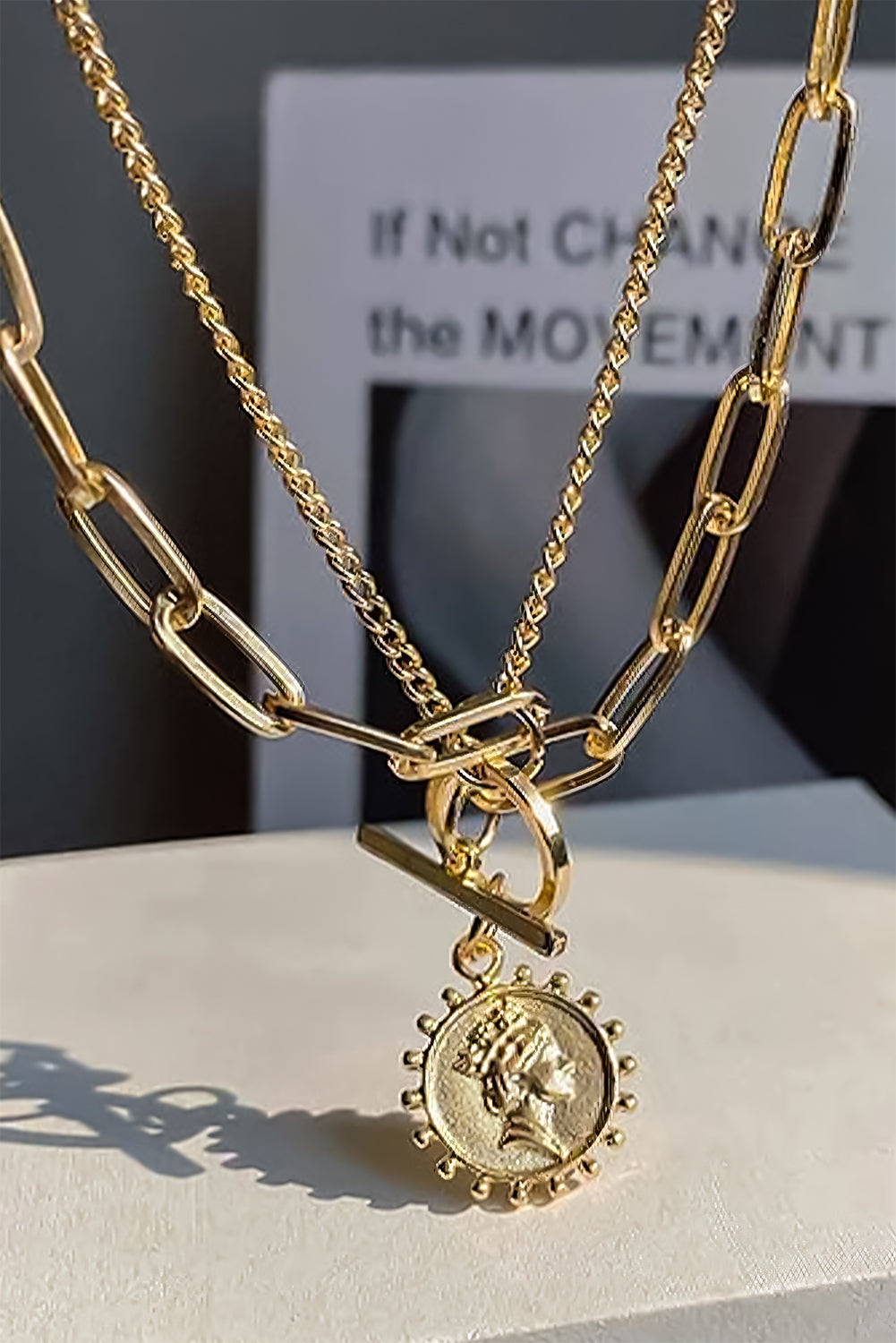 Plated Vintage Carved Coin Pendant Chain Necklace