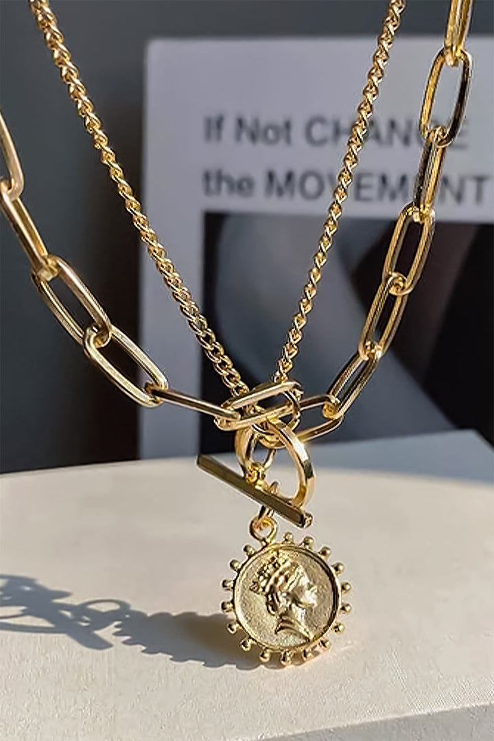 Plated Vintage Carved Coin Pendant Chain Necklace