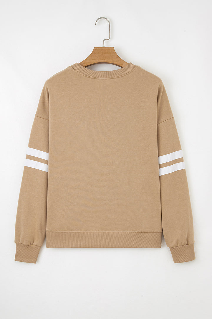 Light French Beige Varsity Striped Detail Drop Shoulder Oversized Sweatshirt