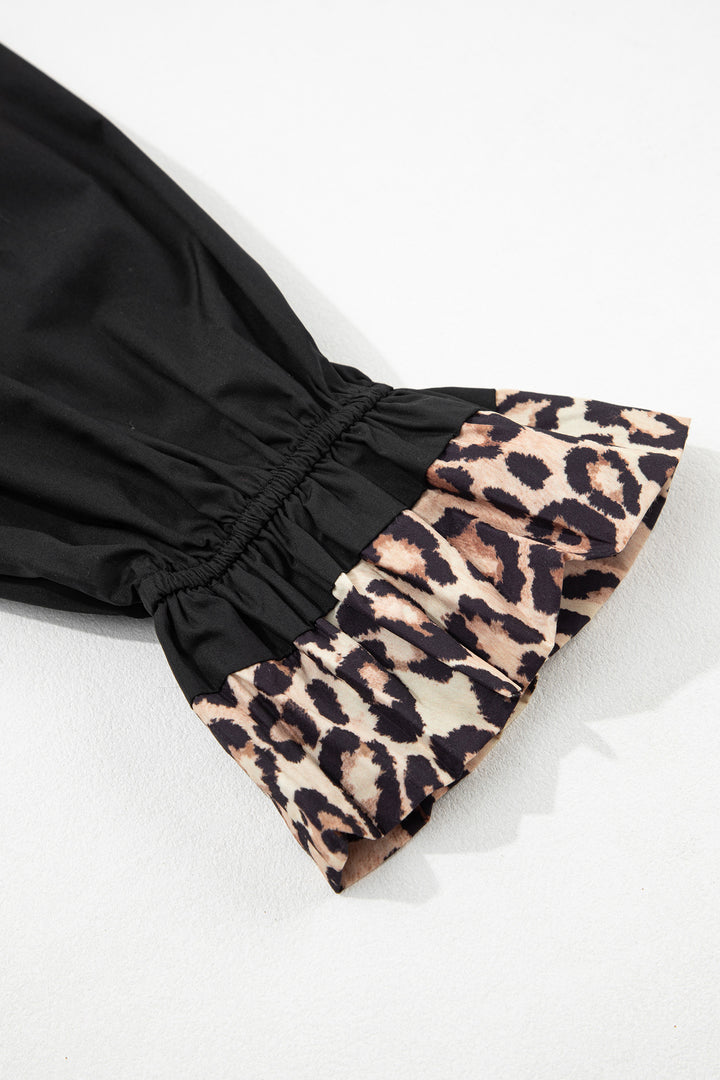 Black Plus Size Split Neck Leopard Trim Flounced Long Sleeve Blouse