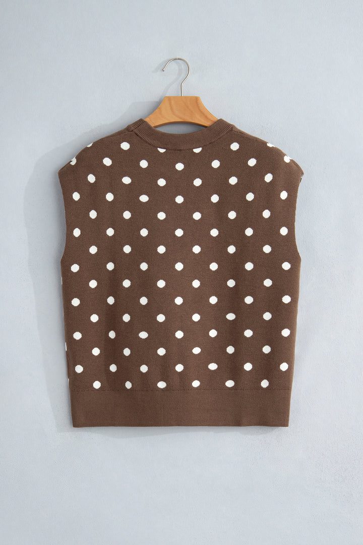 Brown Dolman Short Sleeve Round Neck Polka Dot Sweater