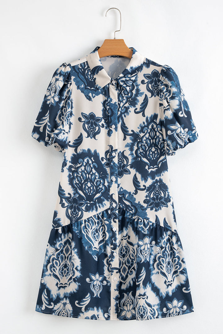 boho floral print buttoned collared loose fit mini dress