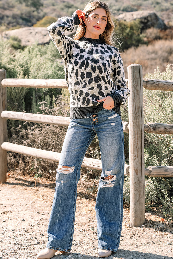 Leopard Drop Shoulder Baggy Sweater
