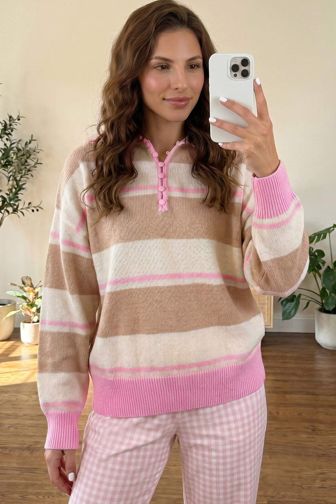 Khaki Stripe Button Placket Long Sleeve Sweater