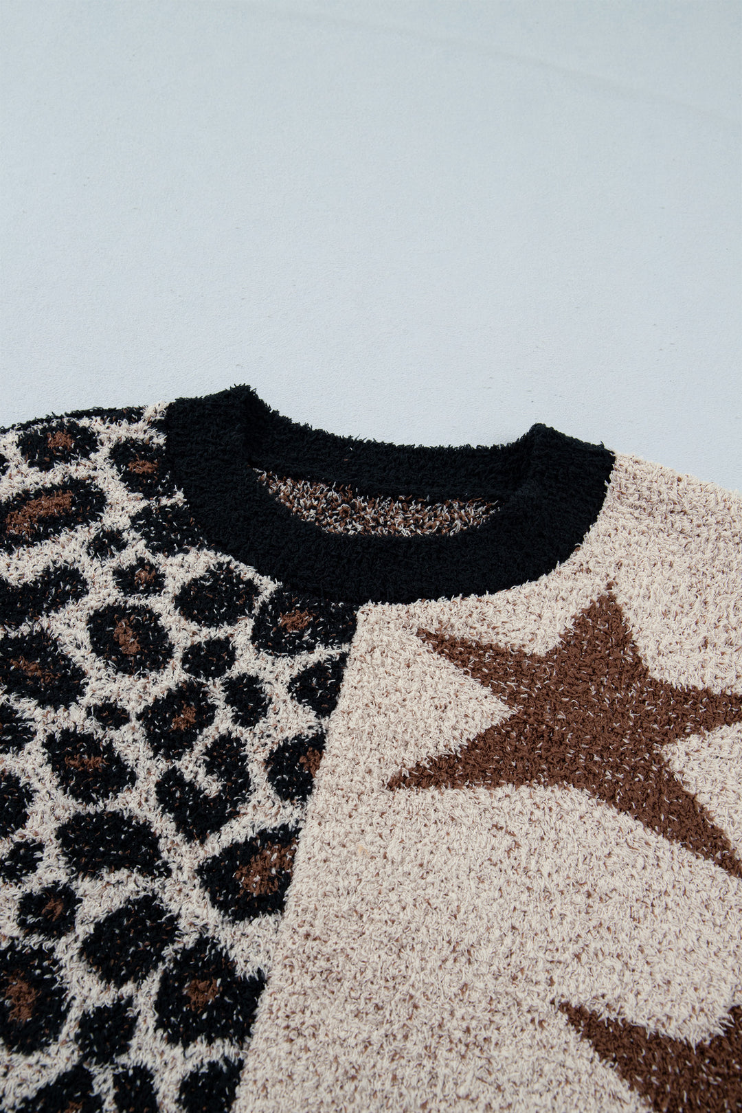 Smoke Gray Leopard Star Pattern Round Neck Long Sleeve Shift Sweater