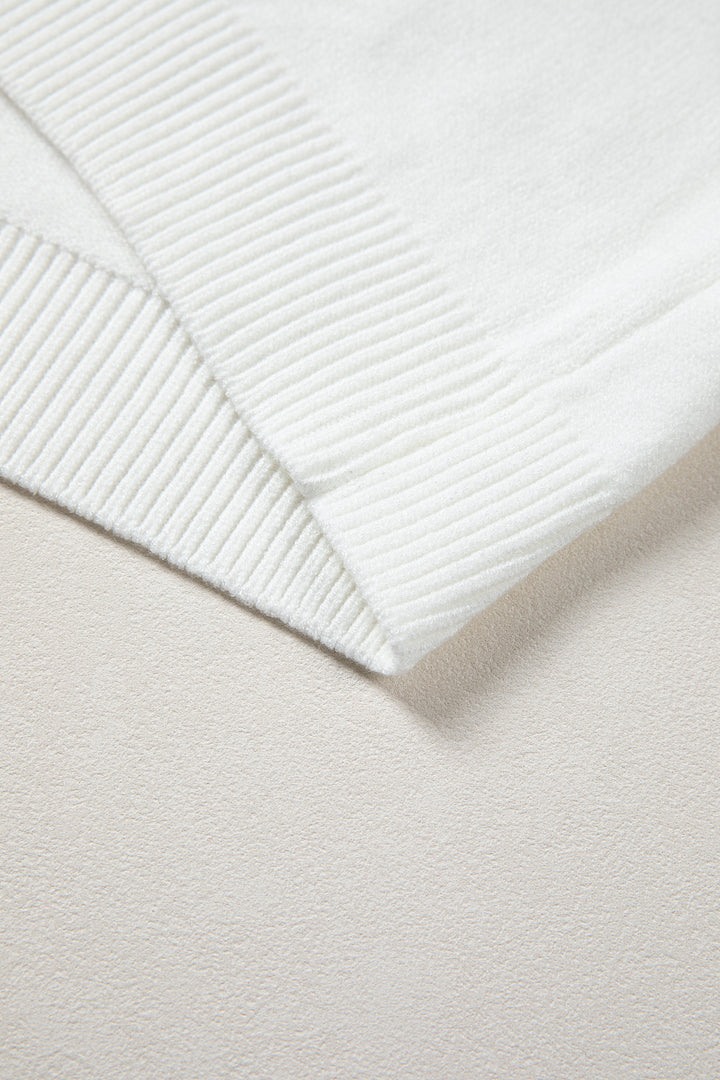 White Corded Horseshoes Ribbed Trim Mock Neck Short Sleeve Sweater