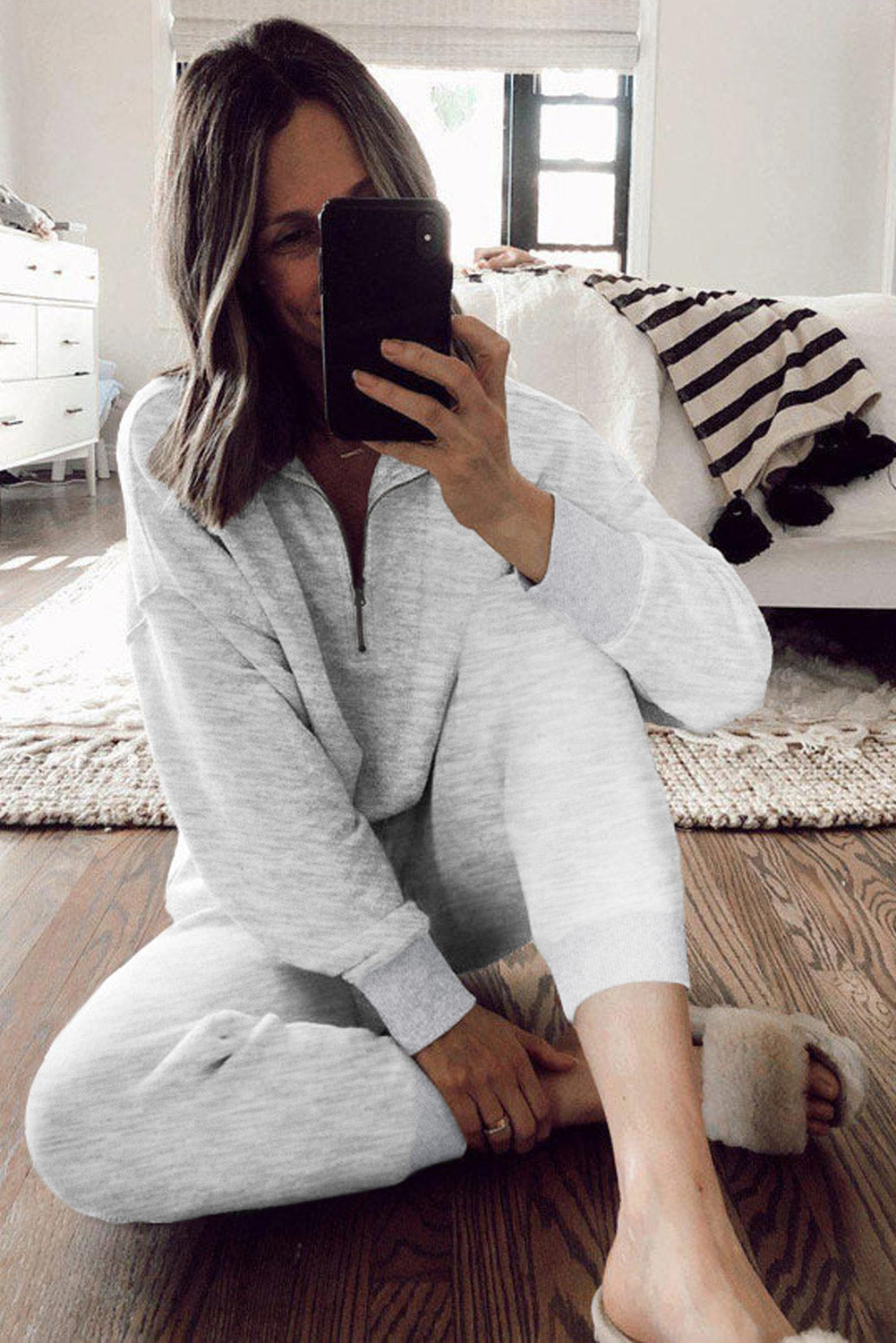 Solid Half Zipped Drawstring High Waist Lounge Set