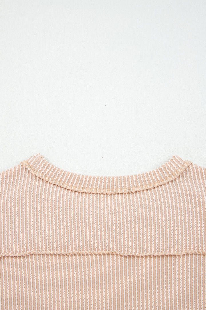 Parchment Twist Ribbed Exposed Seam Detail Long Sleeve Loose Top