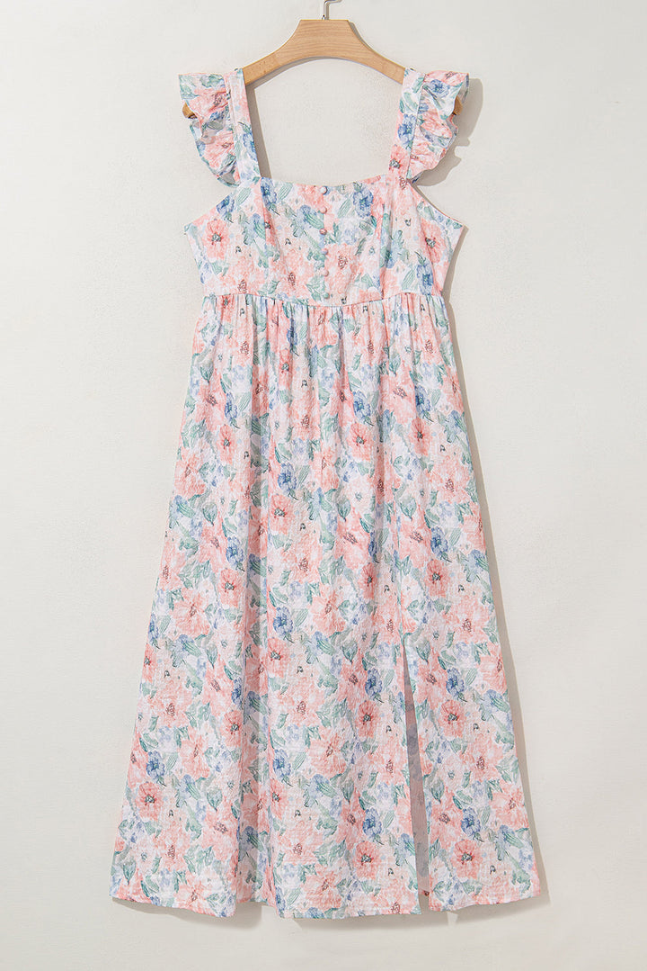 floral print square neck backless long dress with slit
