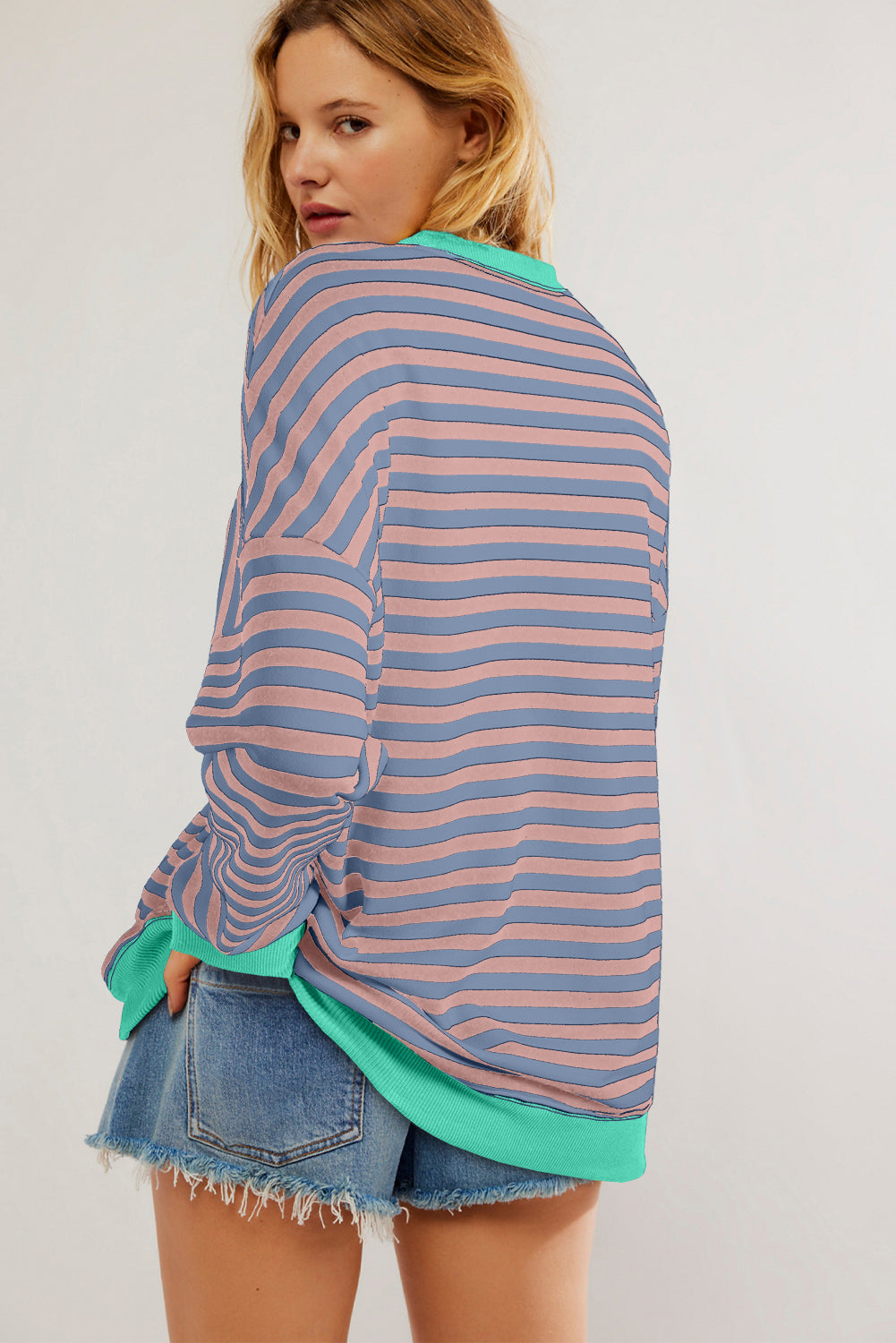 Striped Contrast Ribbed Trim Crossed Stitch Drop Shoulder Sweatshirt