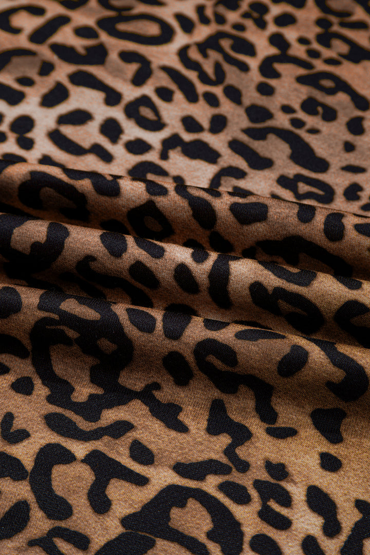 Coffee Leopard Print Contrast Trim Long Sleeve Top and Pants Set