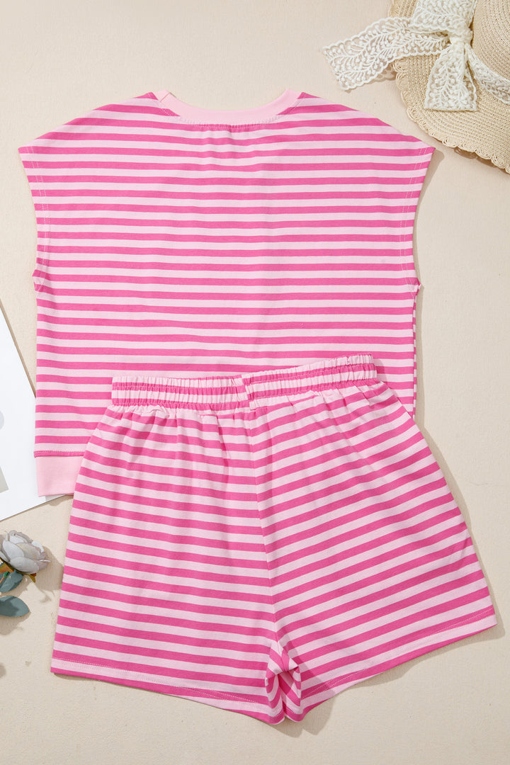 Pink Stripe Cap Sleeve Tee Elastic Waist Shorts 2pcs Outfit